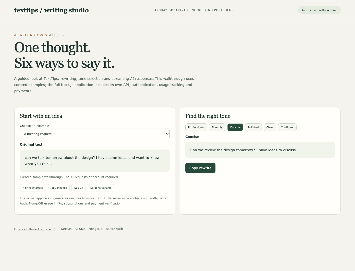 TextTips portfolio demo interface